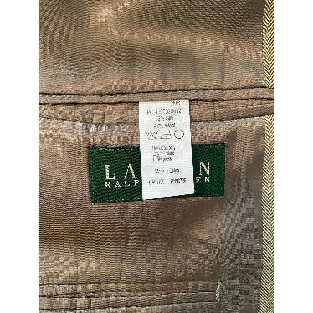Lauren Ralph Lauren Blazer 40R Tan Silk Wool Herringbone Sport Coat 2-Button